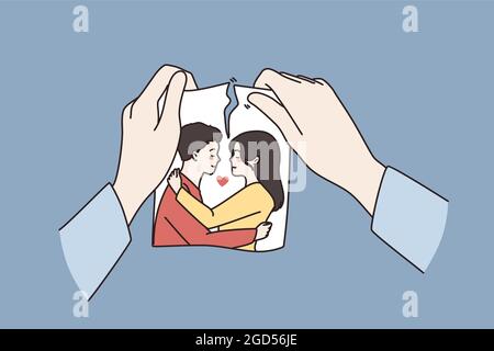 Beziehungskrise, zerbrach Konzept. Menschliche Hände halten zerrissene Foto von Paar in der Liebe Bedeutung Trennung oder Scheidung auf blauem Hintergrund Vektor-Illustration Stock Vektor