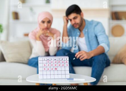 Junge muslimische Familie, die eine Schwangerschaft planen, auf dem Sofa sitzen und den Eisprungkalender betrachten, selektiver Fokus. Medizin, Gesundheitswesen, Gynäkologie und Exp Stockfoto