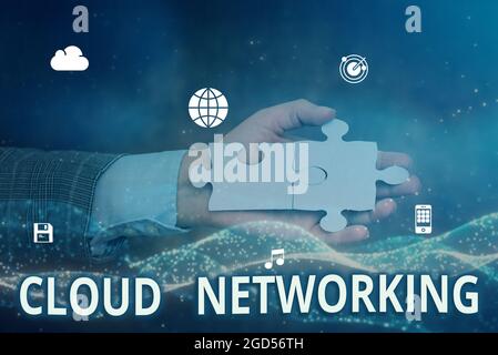 Schild mit der Anzeige Cloud Networking. Wort geschrieben über die Beschaffung und Nutzung eines oder mehrerer Netzwerkressourcen Hand Holding Jigsaw Puzzle Stück Unlocking Stockfoto