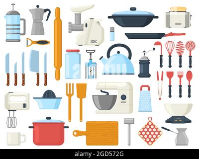 Küchenutensilien, Kochen kulinarische Servierwerkzeuge, Bestecksymbole. Küchengeräte Werkzeuge, Utensilien, Geschirr Vektor Illustration Set. Küchengeräte Stock Vektor