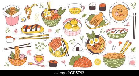 Doodle Asian Japanese Cuisine Traditional delicious Food. Chinesische, koreanische, japanische Reis, Nudeln, Fisch-und Fleischgerichte Vektor-Illustration-Set Stock Vektor