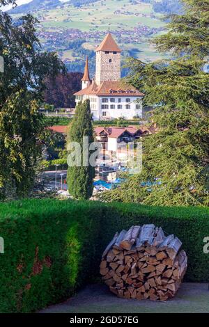 Typisches Schweizer Dorf Spiez am Ufer des Thunersees. Schweiz. Stockfoto