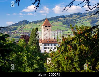 Typisches Schweizer Dorf Spiez am Ufer des Thunersees. Schweiz. Stockfoto