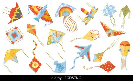 Cartoon Kinder Spiele Papier fliegende Drachen Spielzeug. Sommer Outdoor-Aktivität, Drachenfest fliegende Drachen Vektor Illustration Set. Kinder Papier Drachen Spielzeug Stock Vektor