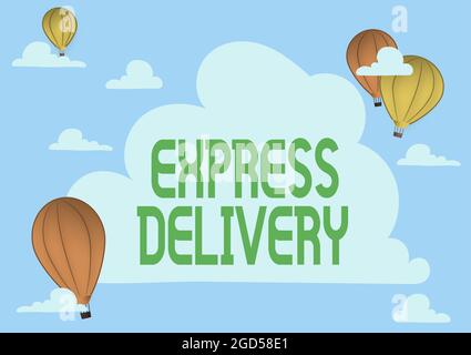 Konzeptdarstellung Express Delivery. Wort geschrieben über die Beschleunigung der Verteilung von Waren und Dienstleistungen Heissluftballon Illustration Flying Clouds Stockfoto