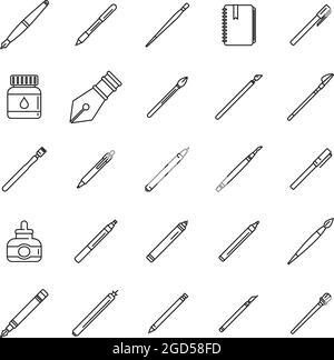 Kalligraphie-Werkzeuge Symbole setzen Umrissvektor. Lackspitze Beschriftungssatz Stock Vektor