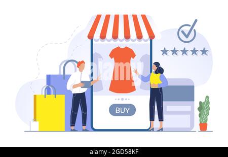 Abbildung des Einkaufskonzepts Menschen, die in der Anwendung im Geschäft kaufen. Mann und Frau wählen Kleid im Online-Shop Stock Vektor