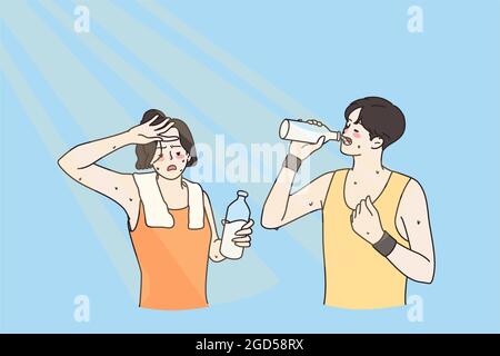 Trinkwasser und heißes Sommerkonzept. Junge schwitzende Mann und Frau in Sportkleidung stehen Trinkwasser in sehr heißen Sommertagen nach dem Sport-Training Vektor Illustration Stock Vektor