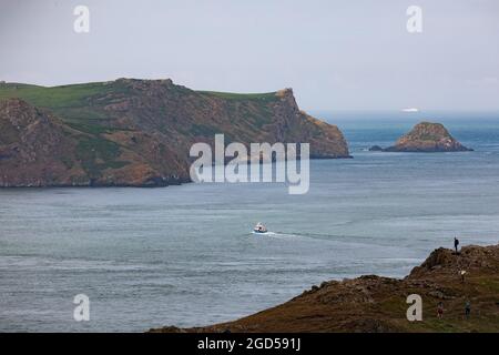 Blick auf die Skomer Island, die vom Wildlife Trust of South and West Wales betrieben wird und Heimat von Papageitauchern und vielen anderen Vögeln und Wildtieren ist. Stockfoto