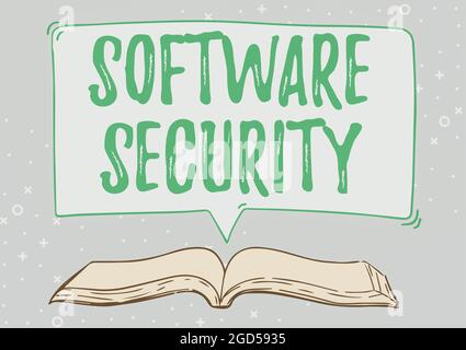 Handschrift Text Software Sicherheit. Unternehmensübersicht implementiert, um Software vor böswilliger Attacke zu schützen Open Book Illustration mit Speech Stockfoto