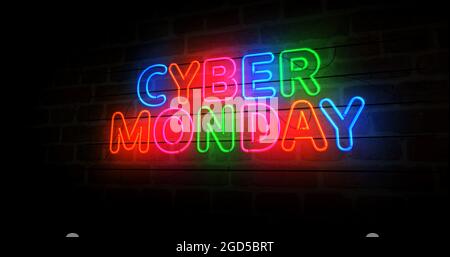 Cyber Monday Rabatt Neon-Symbol. Verkauf und Rabatt-Promotion Einzelhandel Glühbirnen Farbe. Abstraktes Konzept 3d-Illustration. Stockfoto