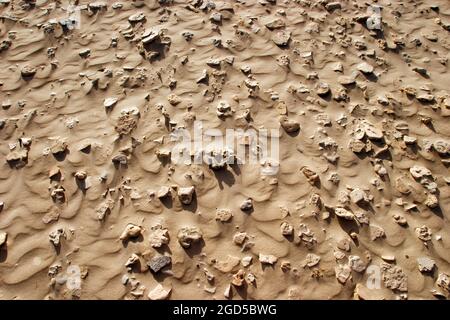Steine, Felsen und Kieselsteine, teilweise in windgepeitschten Sand eingebettet Stockfoto