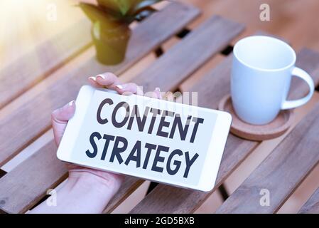 Schreiben, Text anzeigen Content Strategy. Konzeptfoto die Planung der Entwicklung und Verwaltung von Inhalten Voice- und Video-Telefonfunktionen Stockfoto