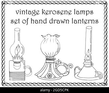 Set aus Vintage-Kerosin-Lampen, handgezeichnete schwarze und weiße Laternen Stock Vektor