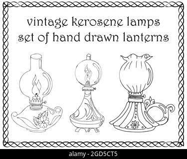 Set aus Vintage-Kerosin-Lampen, handgezeichnete Laternen Stock Vektor
