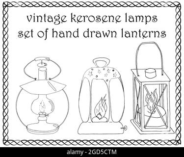 Set aus Vintage-Kerosin-Lampen, handgezeichnete Laternen Stock Vektor