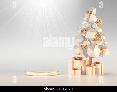 Illustration des festlichen Podests des neuen Jahres. Marmor mit goldenem Sockel in der Nähe des Weihnachtsbaums und Geschenke. Das Konzept des neuen Jahres und Weihnachten. Stockfoto