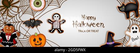 Fröhliches halloween-Banner mit Lebkuchenplätzchen und Spinnweben Stock Vektor
