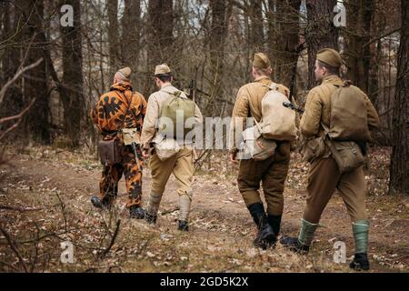 Gruppe von nicht identifizierten Reenactor gekleidet als russisch-sowjetischen Soldaten in Tarnung Spaziergänge durch Wald Stockfoto