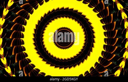 Gelb strukturiertes, farbenprächtiges, symmetrisches Kreismuster für Textil-, Keramikfliesen und Design Stockfoto