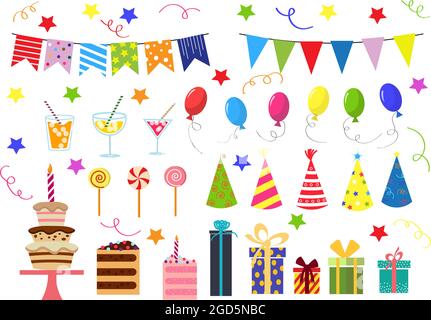 Vorlage für Geburtstagssatz. Vektor-Illustration mit einem Set für einen Urlaub - Ballons, Süßigkeiten und Cocktails, bunte Fahnen. Stock Vektor