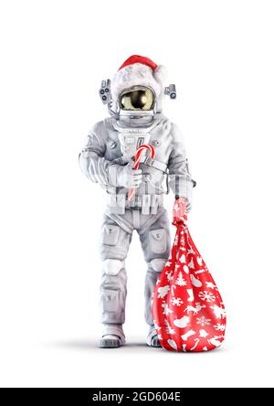 Christmas Santa Astronaut - 3D-Illustration des Raumanzugs mit männlicher Figur, die Zuckerrohr und Geschenktüte auf weißem Studio-Backgrou hält Stockfoto