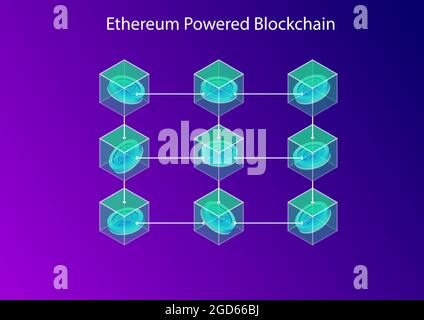 Von Ethereum betriebenes Blockchain-Konzept. isometrische 3D-Vektordarstellung von verbundenen Blöcken und Kryptowährung. Stock Vektor