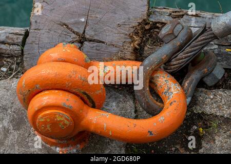 Großer marine Stahlbügel orange lackiert für Sichtbarkeit, Schäkel und Drahtseil, Transport Takelage auf einer Dock-Seite, orange Schäkel, schweres Hebezeug. Stockfoto