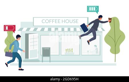 Kaffeezeit. Glückliche Büroleute, die Pause machen und zum Café laufen, flache Vektorgrafik. Stock Vektor