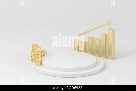 Leere Bühne und Goldmünzen, 3d-Rendering. Digitale Zeichnung des Computers. Stockfoto