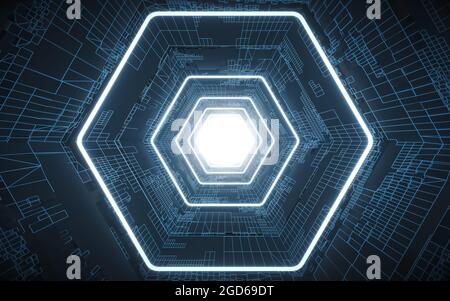 Tunnel und Neon mit blauem Hintergrund, 3d-Rendering. Digitale Zeichnung des Computers. Stockfoto