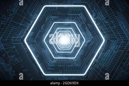 Tunnel und Neon mit blauem Hintergrund, 3d-Rendering. Digitale Zeichnung des Computers. Stockfoto