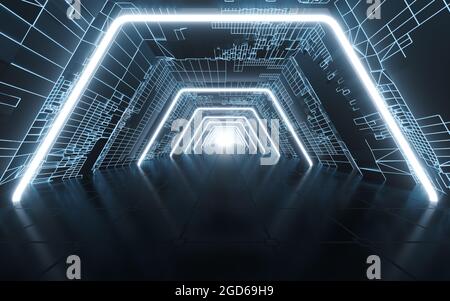 Tunnel und Neon mit blauem Hintergrund, 3d-Rendering. Digitale Zeichnung des Computers. Stockfoto
