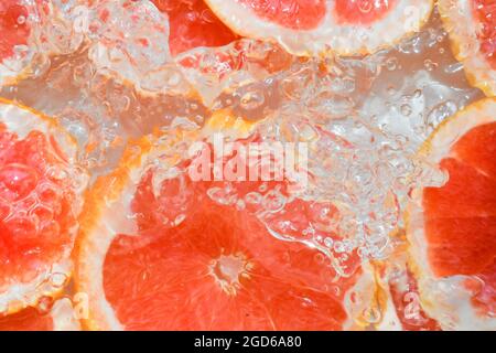 Grapefruitscheiben in Wasser auf weißem Hintergrund. Grapefruit Nahaufnahme in Flüssigkeit mit Blasen. Scheiben blutroter reifer Grapefruit in Wasser. Makro-ima Stockfoto