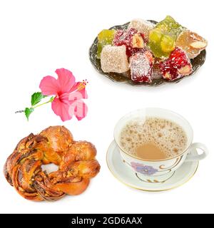 Kaffee, türkische Delight und appetitliches Gebäck auf weißem Hintergrund isoliert. Collage. Stockfoto