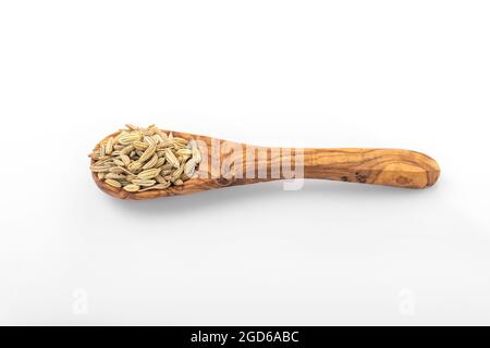 Fenchelsamen. Trockene Fenchelsamen in Holzlöffel auf weißem Hintergrund. Fenchel Stockfoto