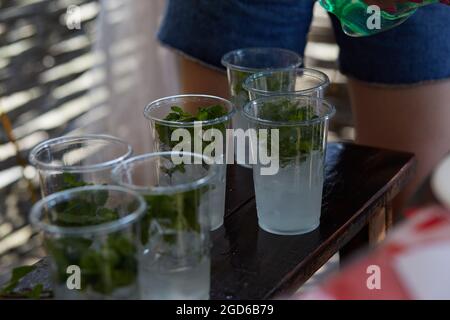 Junge Frau auf einer Junggesellinnenparty macht einen Mojito-Cocktail für die Firma. Anweisungen zur Vorbereitung. Schritt 3. Hochwertige Fotos Stockfoto