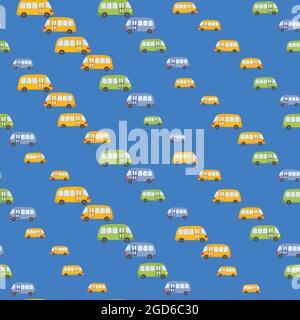 Nahtloses Muster mit niedlichen Bus, Auto auf farbigem Hintergrund. Cartoon-Transport. Vektorgrafik. Doodle-Stil. Design für Baby Print, Einladung Stock Vektor