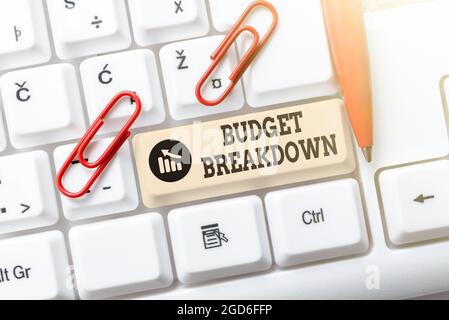 Handschriftlich Zeichen Budget Aufschlüsselung. Wort für die Aufteilung der Kosten von etwas in die verschiedenen Teile Abstract Doing Virtual Bookkeeping, Listing New Stockfoto