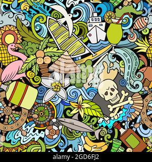 Cartoon Kritzeleien Bahamas nahtloses Muster. Hintergrund mit Symbolen und Gegenständen der bahamischen Kultur. Bunt detailliert, mit vielen Objekten Hintergrund für pri Stock Vektor