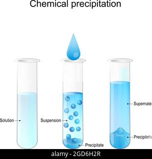 Chemische Ausfällung. Laborröhrchen mit Lösung, Suspension, Präzipitat und Supernate. Vektorgrafik Stock Vektor