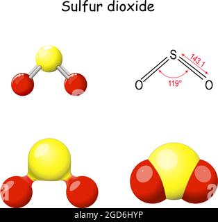 Schwefeldioxid-Molekül. Strukturelle chemische Formel von Schwefeldioxid. SO2-Molekularmodell. Toxisches Gas, das durch vulkanische Aktivität freigesetzt wird. Chemie. Stock Vektor