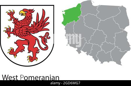 Vektorzeichnung des Flächenemblems und der Lage auf der Landkarte. Karte von Polen mit der Kontur der Region. Perfekte Qualität, perfekt für den Druck Stockfoto