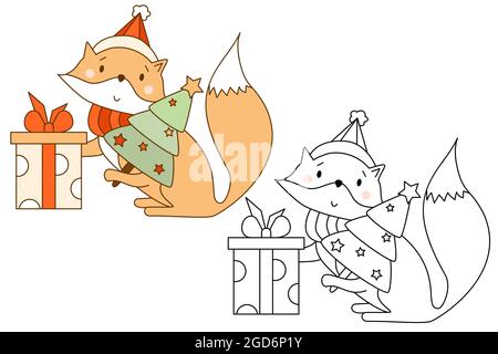 Weihnachtsfuchs mit Weihnachtsbaum und großer Geschenkbox. Satz von 2 Zeichnungen - Farb- und Umrisszeichnung, Linie. Vektor-Illustration für Kinder Sammlung, Färbung Stock Vektor