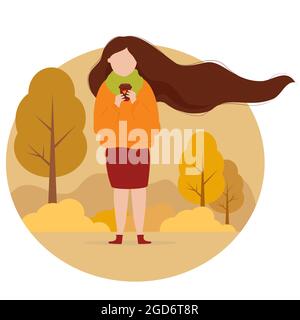 Schönes Mädchen mit sich entwickelnden langen Haaren mit Kaffee im Herbstpark. Vektorgrafik. Charakter im flachen Stil in Herbstlandschaft für Herbst d Stock Vektor