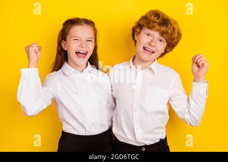 Foto von zwei besten Freunden Schüler lächelnd schreiend passieren Prüfung heben Faust im Triumph isoliert auf gelbem Hintergrund Stockfoto