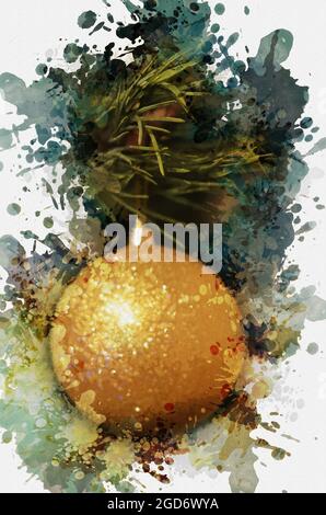 Digitale Aquarell Malerei gelb Weihnachtsbaum Ball. Frohe Ch Stockfoto