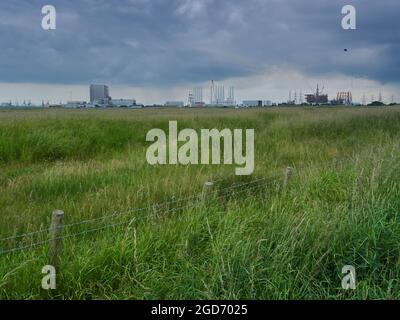 Eine weite Graswiese vor einer industrienadenen Skyline mit einem Kraftwerk, einer Windparkfabrik und einer Bohrplattform unter einem bedrohlichen Himmel Stockfoto