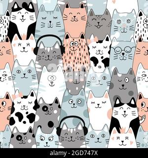 Nahtloses Muster mit Katzen. Niedliches Katzenset. Lustige Cartoon Tierfiguren. Stock Vektor