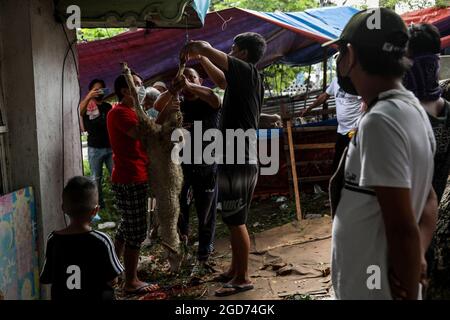 Philippinische Muslime schlachten in der Blauen Moschee in Taguig City, Metro Manila, Ziegen als Opfer, um Eid al-Adha zu markieren. Trotz neuer Wellen von Coronavirus-Fällen und Regierungen, die große Versammlungen verbieten, feiern Muslime auf der ganzen Welt Eid al-Adha oder das Fest des Opfers mit Gebeten und dem Schlachten von Ziegen und Kühen und ihrem Fleisch an die Armen. Philippinen. Stockfoto